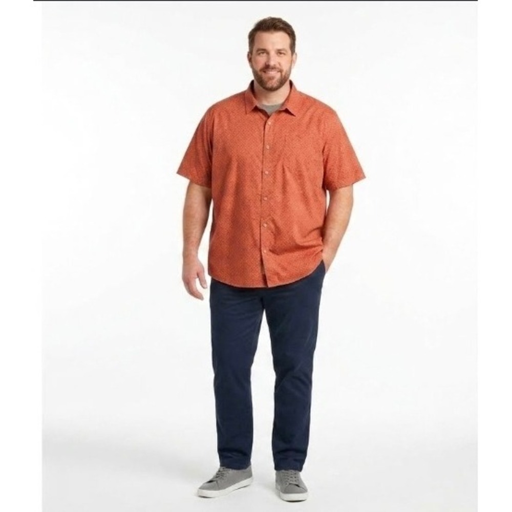 L.L. Bean Orange Short Sleeve Button Down Size XXXL Geometric Print Casual Shirt